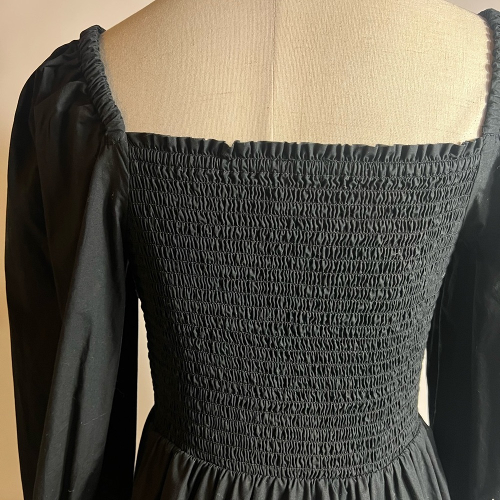 J CREW Smocked Puff Sleeve Black Cotton Poplin Midi Dress Womens Small - Picture 5 of 10